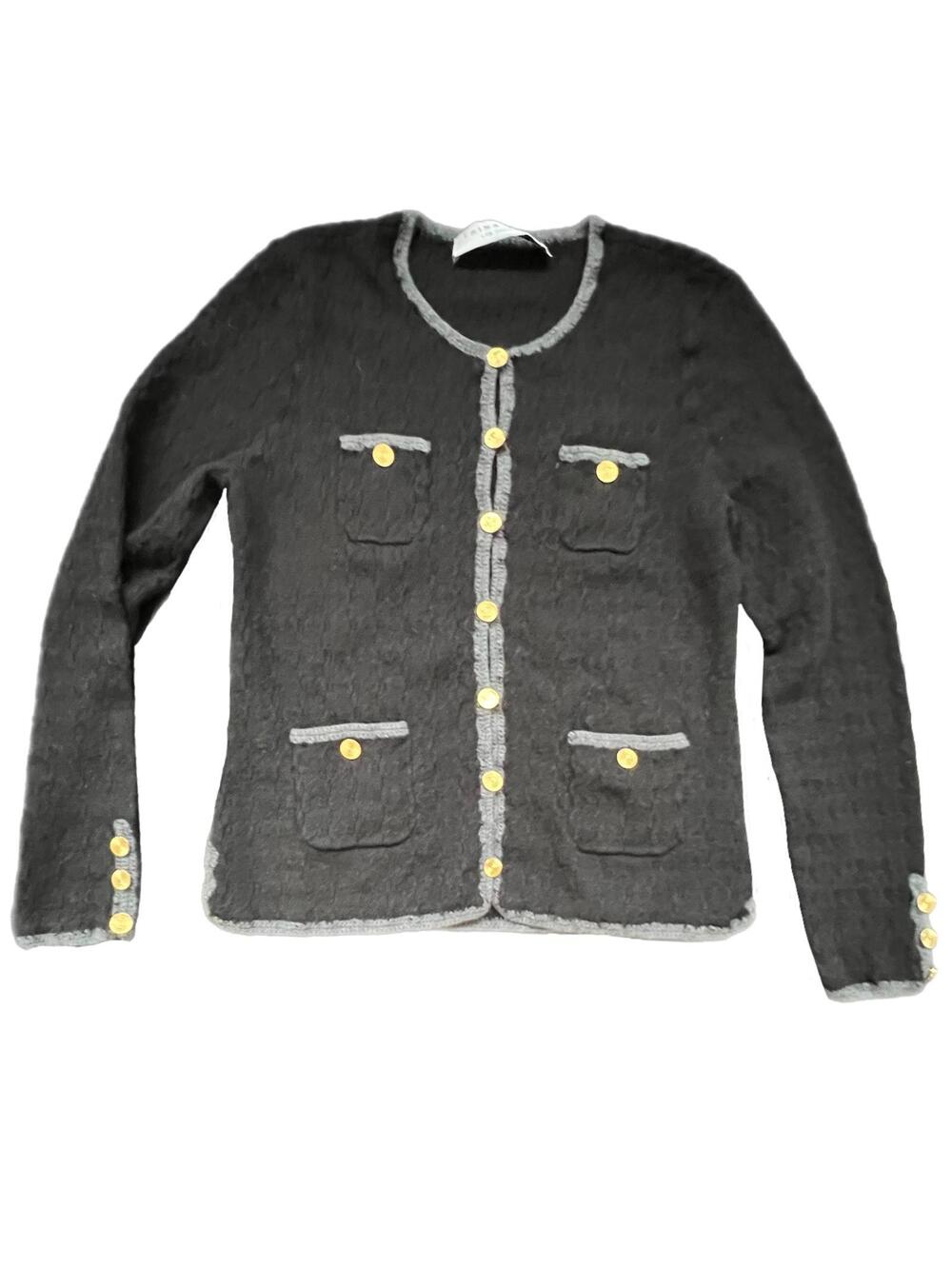 Trina Turk‎ Black Wool Textured Cardigan with Gold Buttons